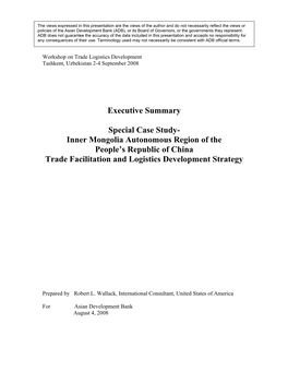 Inner Mongolia Autonomous Region of the People’S Republic of China Trade Facilitation and Logistics Development Strategy