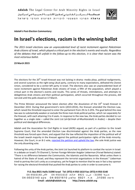 In Israel's Elections, Racism Is the Winning Ballot