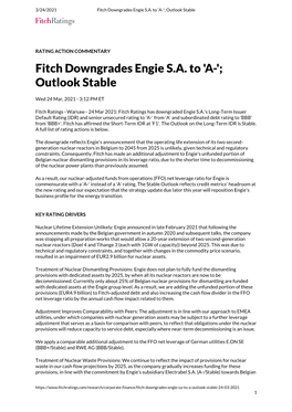 Fitch Downgrades Engie S.A. to 'A-'; Outlook Stable