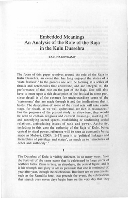 Embedded Meanings an Analysis of the Role of the Raja in the Kulu Dussehra