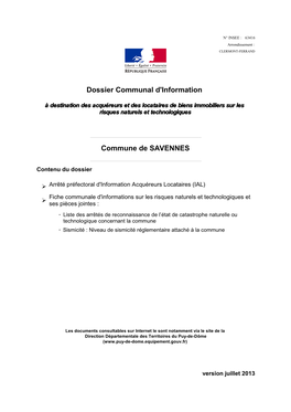 Dossier Communal D'information Commune De SAVENNES