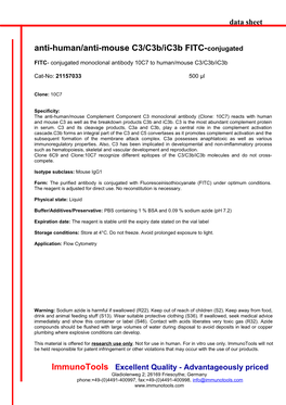 Anti-Human/Anti-Mouse C3/C3b/Ic3b FITC-Conjugated