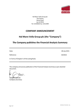 The Company Publishes the Financial Analysis Summary