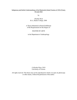 Indigenous and Settler Understandings of the Manitoulin Island Treaties of 1836 (Treaty 45) and 1862