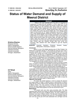 Status of Water Demand and Supply of Meerut District Abstract Water Is the Most Essential Part of Our Life, It Is Required for Sustenance of Human Life and Sanitation