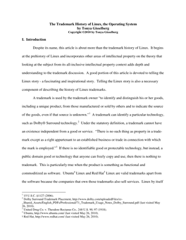 The Trademark History of Linux, the Operating System by Tonya Gisselberg Copyright ©2010 by Tonya Gisselberg