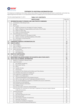 This Statement of Additional Information (SAI) Contains Details of Kotak Mahindra Mutual Fund, Its Constitution, and Certain Tax, Legal and General Information