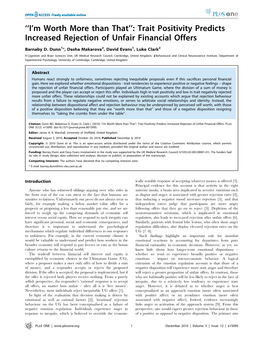 Trait Positivity Predicts Increased Rejection of Unfair Financial Offers