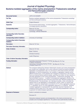 Bacteria-Mediated Aggregation of the Marine Phytoplankton Thalassiosira Weissflogii and Nannochloropsis Oceanica --Manuscript Draft