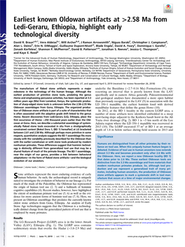 Earliest Known Oldowan Artifacts at 2.58 Ma from Ledi-Geraru