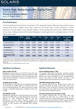 Solaris High Alpha Australian Equity Fund (APIR: WHT0016AU) Quarterly Investment Report As at 31 March 2018