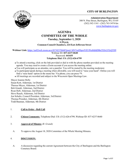 AGENDA COMMITTEE of the WHOLE Tuesday, September 1, 2020 6:30 P.M