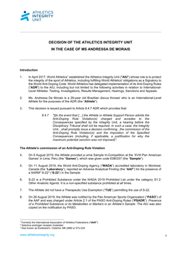 Decision of the Athletics Integrity Unit in the Case of Ms Andressa De Morais