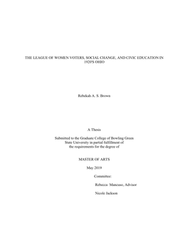 The League of Women Voters, Social Change, and Civic Education in 1920'S Ohio