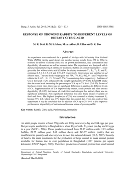 Response of Growing Rabbits to Different Levels of Dietary Citric Acid