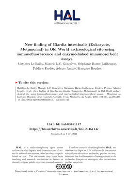 New Finding of Giardia Intestinalis (Eukaryote, Metamonad) in Old World Archaeological Site Using Immunofluorescence and Enzyme-Linked Immunosorbent Assays