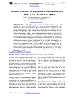 Assessment of Heavy Metals Level of River Kaduna at Kaduna Metropolis, Nigeria