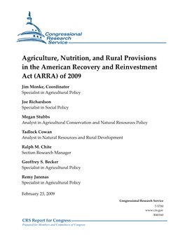 Agriculture, Nutrition, and Rural Provisions in the American Recovery and Reinvestment Act (ARRA) of 2009