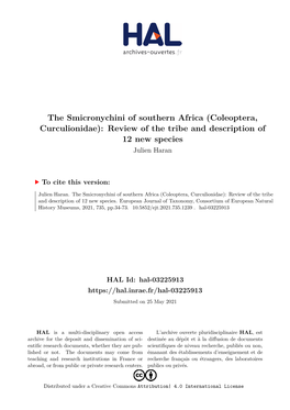 The Smicronychini of Southern Africa (Coleoptera, Curculionidae): Review of the Tribe and Description of 12 New Species Julien Haran