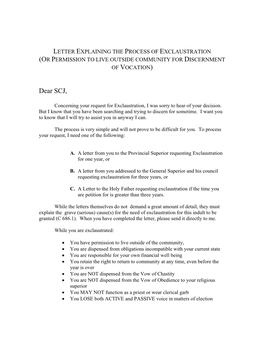 Letter Explaining the Process of Exclaustration (Or Permission to Live Outside Community for Discernment of Vocation)