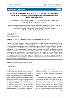 Botanical Survey of Medicinal Plants Used in the Traditional Treatment of Human Disease in Montain Hay Meadows from Gurghiului Mountains