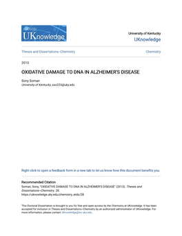 Oxidative Damage to Dna in Alzheimer's Disease