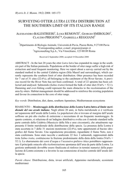 Surveying Otter Lutra Lutra Distribution at the Southern Limit of Its Italian Range