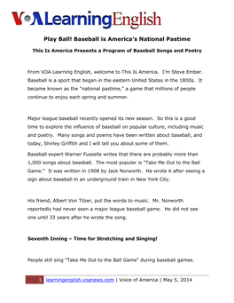 Play Ball! Baseball Is America's National Pastime