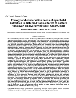 Ecology and Conservation Needs of Nymphalid Butterflies in Disturbed Tropical Forest of Eastern Himalayan Biodiversity Hotspot, Assam, India