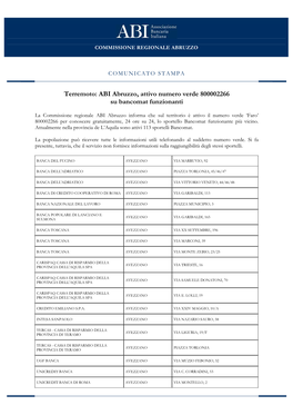 ABI Abruzzo, Attivo Numero Verde 800002266 Su Bancomat Funzionanti