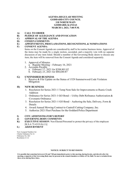 Agenda-Regular Meeting Goddard City Council 118 North Main Goddard, Kansas March 1, 2021, 7:00 P.M