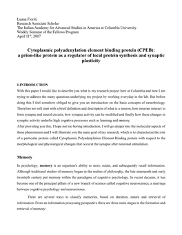 Cytoplasmic Polyadenylation Element Binding Protein (CPEB): a Prion-Like Protein As a Regulator of Local Protein Synthesis and Synaptic Plasticity