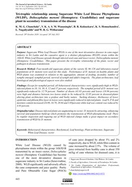 (WLDP), Deltocephalus Menoni (Homoptera: Cicadellidae) and Sugarcane Plant in Secondary Transmission of the Disease K