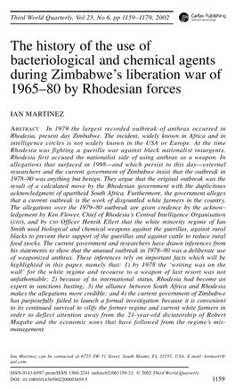 The History of the Use of Bacteriological and Chemical Agents During Zimbabwe’S Liberation War of 1965–80 by Rhodesian Forces