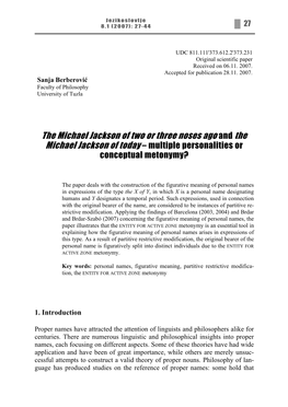 The Michael Jackson of Two Or Three Noses Ago and the Michael Jackson of Today – Multiple Personalities Or Conceptual Metonymy?