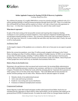 Kellen Applauds Congress for Passing COVID-19 Recovery Legislation Looking Ahead from Here We Celebrate the Passage of a Roughly