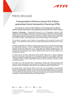 Transportation Partners Issues First Coface Guaranteed Bond Transaction Financing Atrs