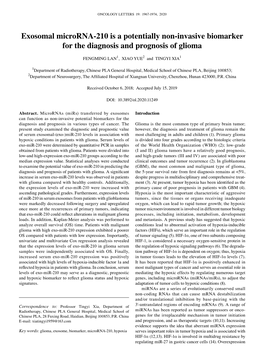 Exosomal Microrna‑210 Is a Potentially Non‑Invasive Biomarker for the Diagnosis and Prognosis of Glioma