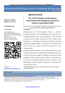 TLC, HPTLC Studies and Qualitative Phytochemical Investigations Of