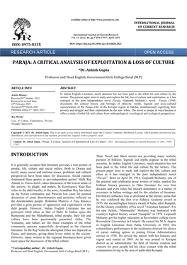 PARAJA: a CRITICAL ANALYSIS of EXPLOITATION & LOSS of CULTURE *Dr