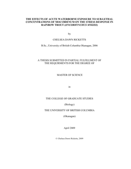 The Effects of Acute Waterborne Exposure to Sub-Lethal Concentrations of Molybdenum on the Stress Response in Rainbow Trout (Oncorhynchus Mykiss)