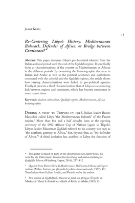 Re-Centering Libya's History: Mediterranean Bulwark, Defender of Africa, Or Bridge Between Continents?