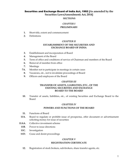 Securities and Exchange Board of India Act, 1992 [As Amended by the Securities Laws(Amendment) Act, 2014] SECTIONS