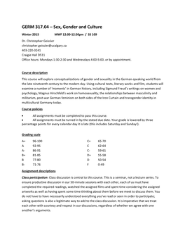 GERM 317.04 – Sex, Gender and Culture Winter 2015 MWF 12:00-12:50Pm / SS 109 Dr