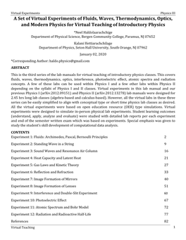 A Set of Virtual Experiments of Fluids, Waves, Thermodynamics, Optics, and Modern Physics for Virtual Teaching of Introductory P