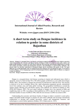 A Short Term Study on Dengue Incidence in Relation to Gender in Some Districts of Rajasthan