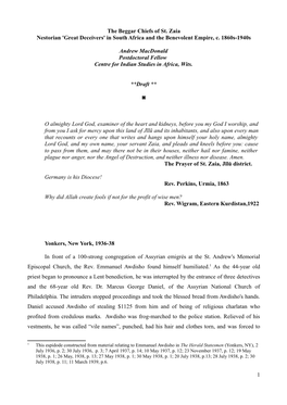 The Beggar Chiefs of St. Zaia Nestorian 'Great Deceivers' in South Africa and the Benevolent Empire, C. 1860S-1940S Andrew Macdo