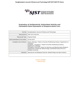 Evaluation of Antibacterial, Antioxidant Activity and Calmodulin Gene Expression of Scoparia Dulcis Linn