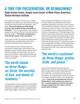 A TIME for PRESERVATION, OR REIMAGINING? Rabbi Gordon Tucker, Temple Israel Center of White Plains (Emeritus), Shalom Hartman Institute