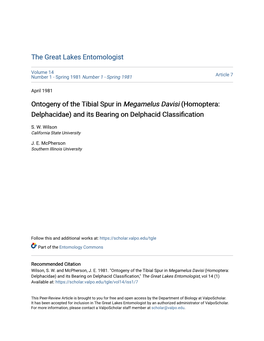 Ontogeny of the Tibial Spur in Megamelus Davisi (Homoptera: Delphacidae) and Its Bearing on Delphacid Classification